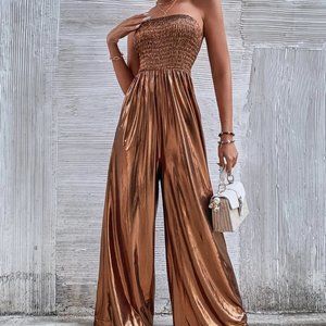 METALLIC BRONZE SHIRRED TUBE POCKETED JUMPSUIT TRENDING FALL ELEGANT PARTY